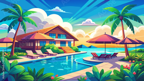 Stunning landscape with a swimming pool, blue sky, and tropical resort vibes in Maldives. Luxury travel vacation vector illustration