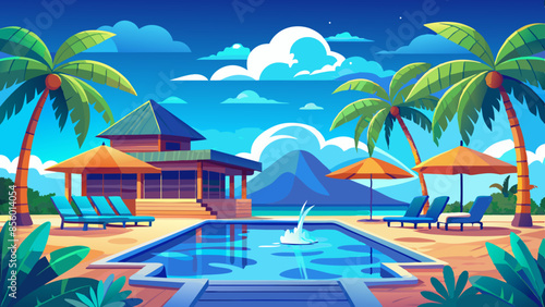 Stunning landscape with a swimming pool, blue sky, and tropical resort vibes in Maldives. Luxury travel vacation vector illustration