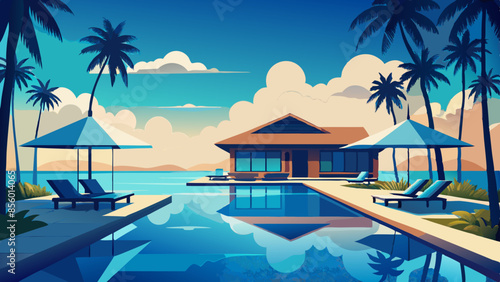 Stunning landscape with a swimming pool, blue sky, and tropical resort vibes in Maldives. Luxury travel vacation vector illustration