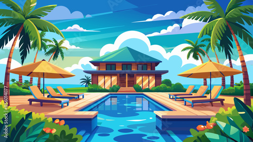 Stunning landscape with a swimming pool, blue sky, and tropical resort vibes in Maldives. Luxury travel vacation vector illustration