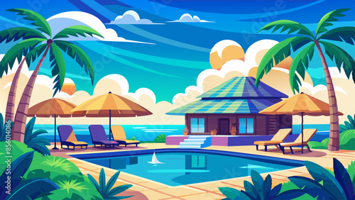 Stunning landscape with a swimming pool, blue sky, and tropical resort vibes in Maldives. Luxury travel vacation vector illustration