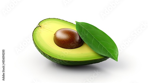 A photo of a green avocado cut in half with a brown pit and a green leaf on a white background. photo