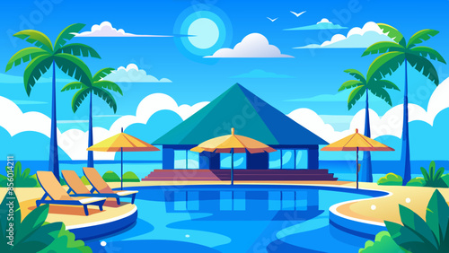 Stunning landscape with a swimming pool, blue sky, and tropical resort vibes in Maldives. Luxury travel vacation vector illustration