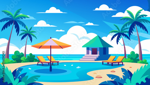 Stunning landscape with a swimming pool, blue sky, and tropical resort vibes in Maldives. Luxury travel vacation vector illustration