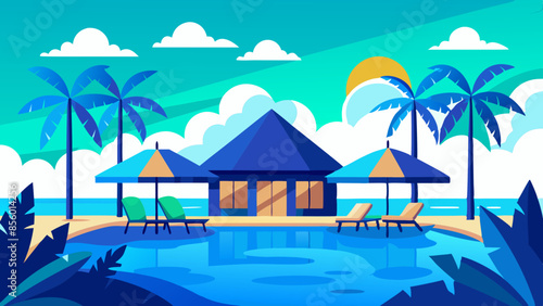 Stunning landscape with a swimming pool, blue sky, and tropical resort vibes in Maldives. Luxury travel vacation vector illustration