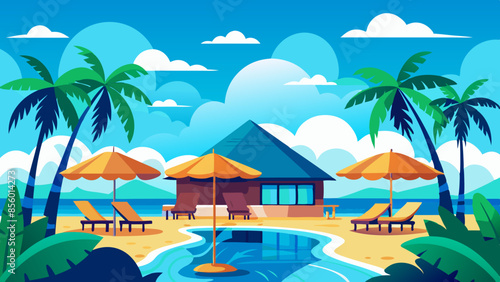 Stunning landscape with a swimming pool, blue sky, and tropical resort vibes in Maldives. Luxury travel vacation vector illustration