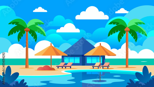 Stunning landscape with a swimming pool, blue sky, and tropical resort vibes in Maldives. Luxury travel vacation vector illustration
