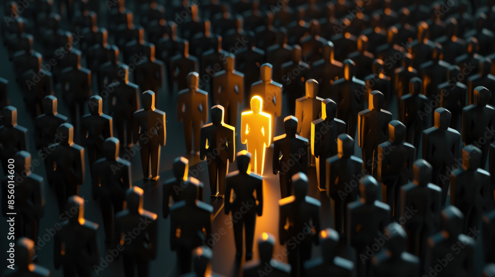Fototapeta premium personnage qui s'illumine et qui se démarque dans la foule des candidats sombre et identique