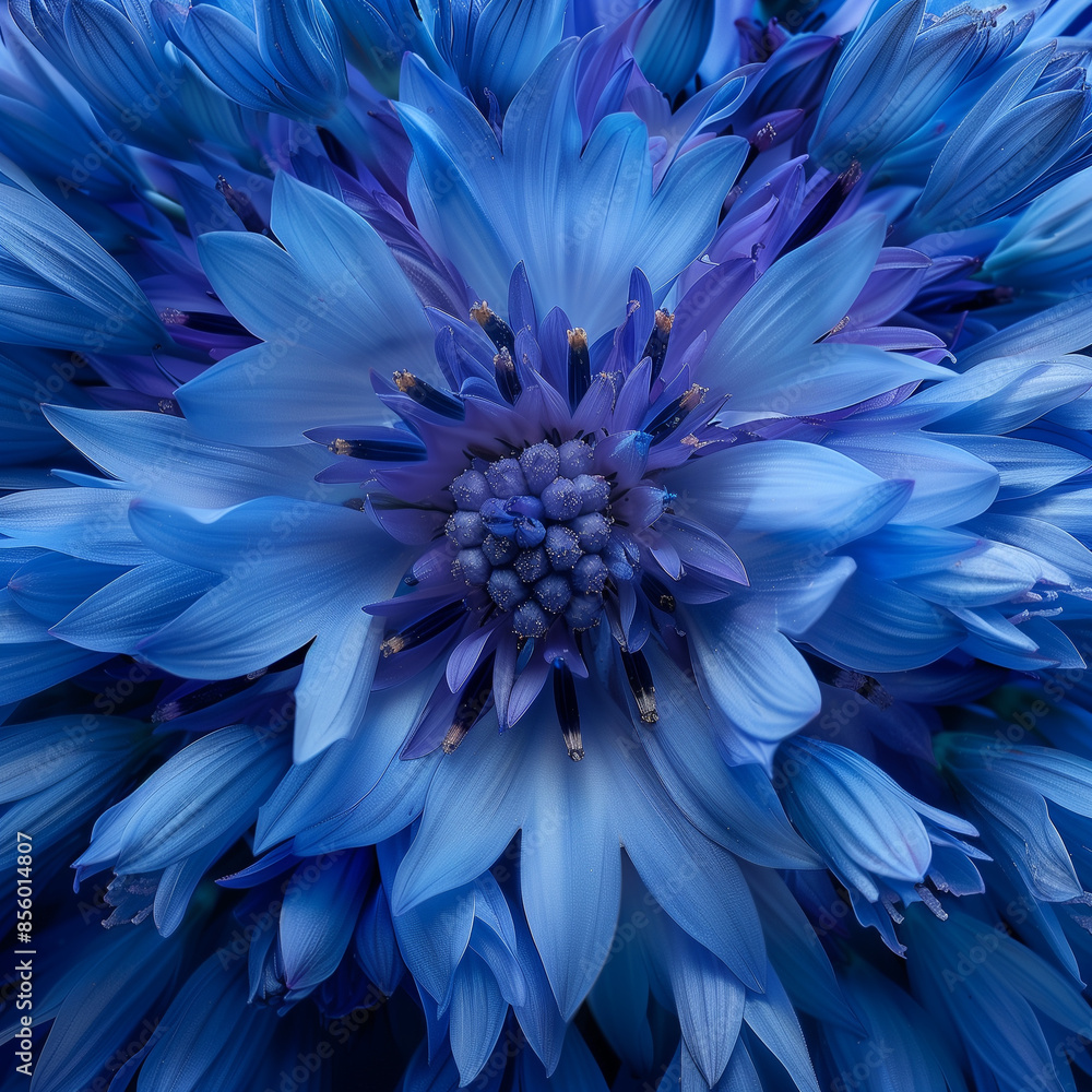 Macro shot of blue cornflower flower from above, beautiful close up flower petals Macro shot of blue cornflower flower from above, beautiful close up flower petals