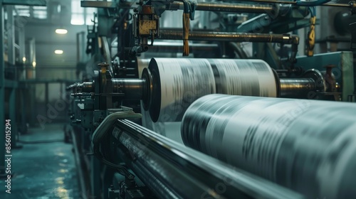 High-detail shot of a newspaper printing machine, roll of paper moving through, factory environment, raw and realistic photo