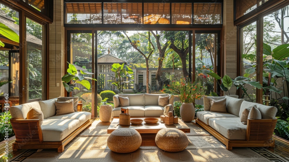 Living room with large glass doors opening to a lush garden, featuring comfortable seating and natural decor. Living room with large glass doors opening to a lush garden, featuring comfortable seating and natural decor.