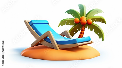 3D rendering of a blue beach chair on a sandy island with a palm tree. The perfect place to relax and enjoy the sun. photo