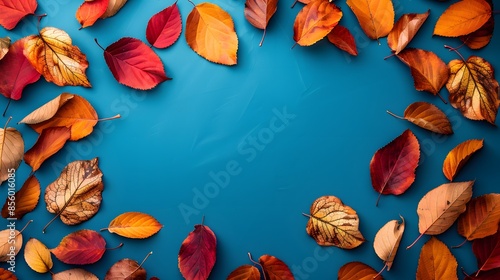 Autumn leaves falling on a blue background in a flat lay composition. An abstract fall concept with colorful autumn elements shown from a top view.