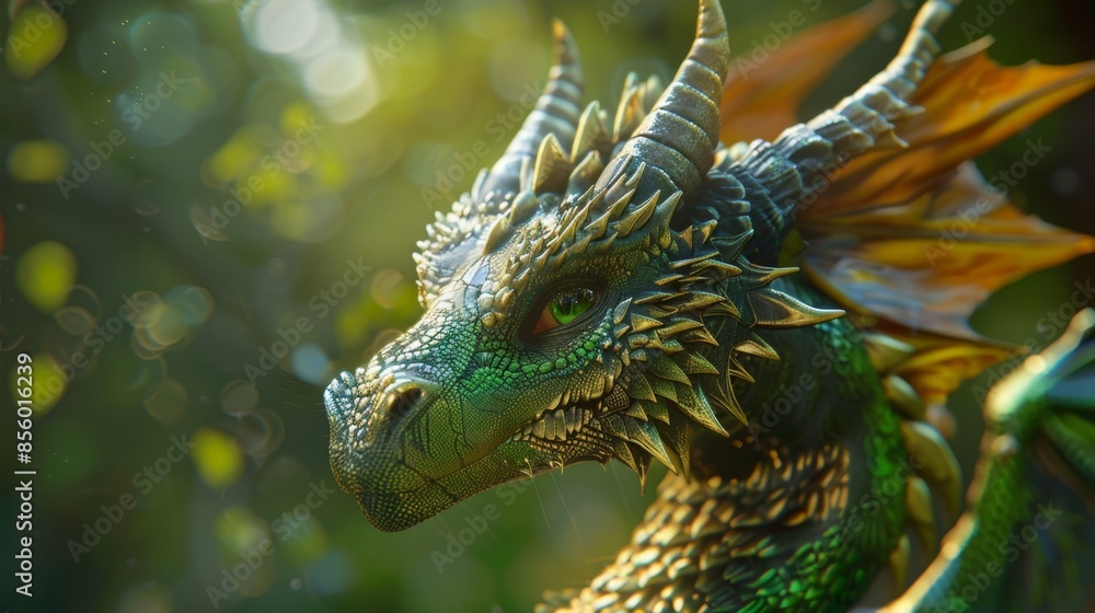 Majestic Green Dragon in Lush Forest, Generative AI Majestic Green Dragon in Lush Forest, Generative AI