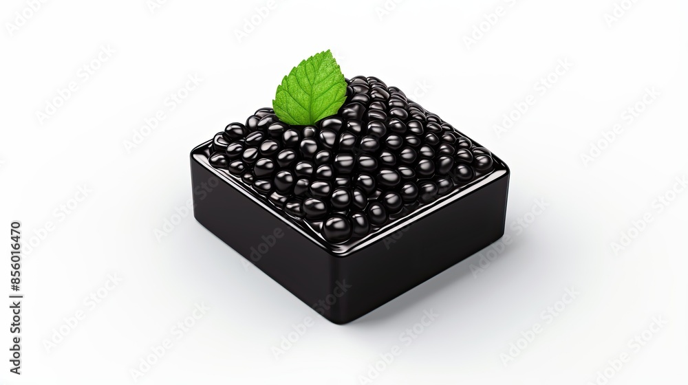 Black caviar in a black square bowl with a green leaf on top. The bowl is sitting on a white surface. The caviar is shiny and reflective. Black caviar in a black square bowl with a green leaf on top. The bowl is sitting on a white surface. The caviar is shiny and reflective.