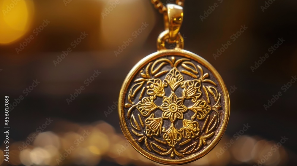 A close-up of a gold pendant with a meaningful symbol, showcasing gold's role in personal adornment and as a valuable asset A close-up of a gold pendant with a meaningful symbol, showcasing gold's role in personal adornment and as a valuable asset