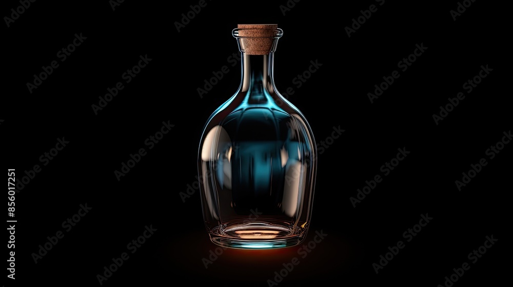 3D rendering of a single transparent glass bottle with cork stopper on dark background. 3D rendering of a single transparent glass bottle with cork stopper on dark background.