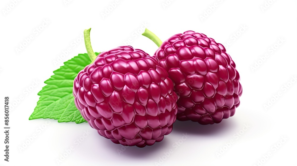 Two ripe and juicy raspberries isolated on white background. The raspberries have a vibrant red color and are covered in small, soft hairs. Two ripe and juicy raspberries isolated on white background. The raspberries have a vibrant red color and are covered in small, soft hairs.