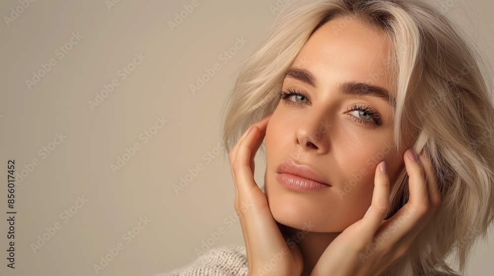 A blonde woman exuding elegance and serenity in a softly lit setting A blonde woman exuding elegance and serenity in a softly lit setting