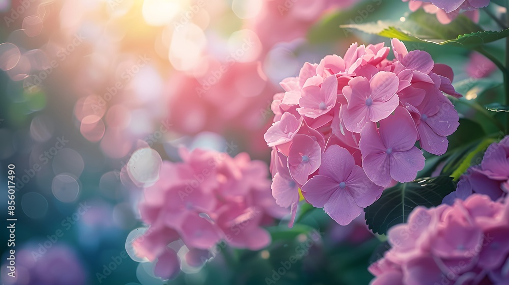 Obraz premium Beautiful pink hydrangea flowers in a garden, with a blurred background of greenery and sunlight. A lush hydrangea plant with large flowers on the right side of the frame.