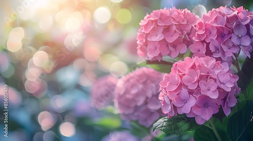 Beautiful pink hydrangea flowers in a garden, with a blurred background of greenery and sunlight. A lush hydrangea plant with large flowers on the right side of the frame.