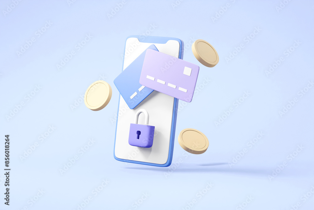 Fototapeta premium 3D Render of Smartphone with Credit Card, Padlock, and Coins - Secure Mobile Payment Concept