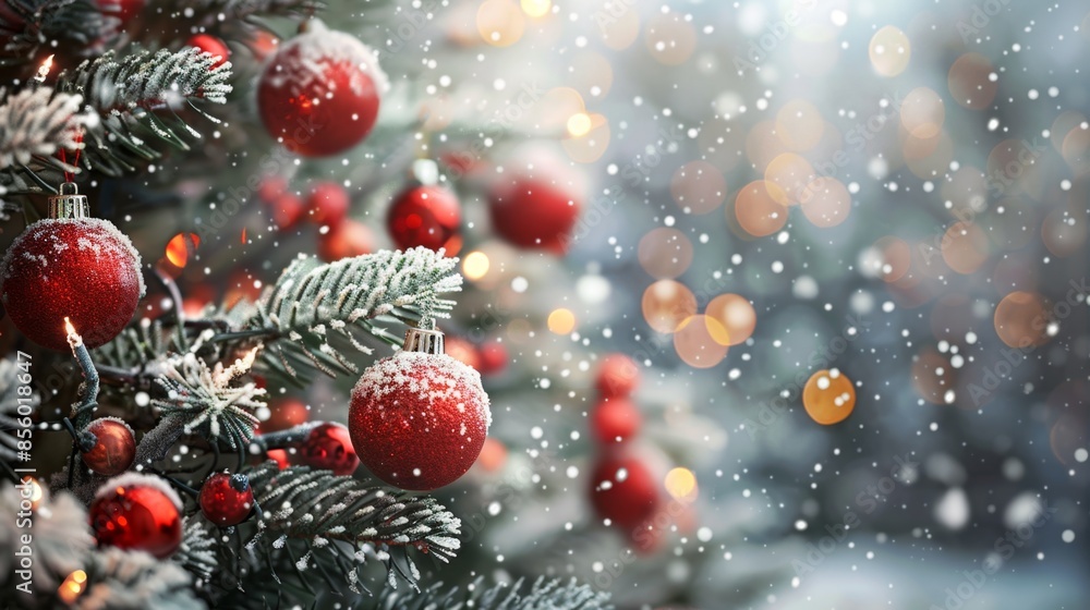 Beautiful Snow-Covered Christmas Tree with Red Ornaments, Generative AI Beautiful Snow-Covered Christmas Tree with Red Ornaments, Generative AI