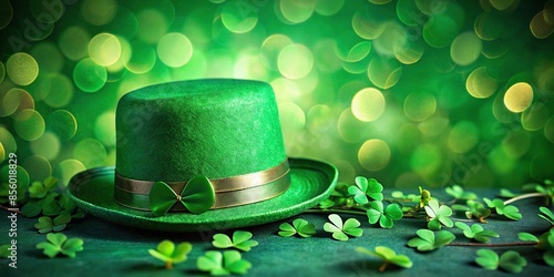 Background with green hat and clover leaves for St. Patrick's Day celebration, St. Patrick's Day, green hat, clover leaves