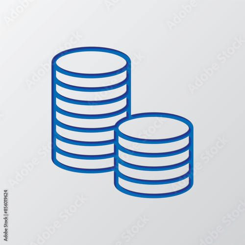 Coins, money simple icon vector. Flat design. Paper cut design. Cutted blue symbol with shadow. Gray background