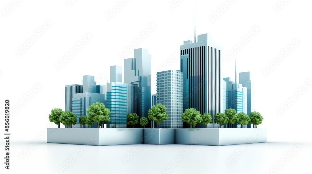 A 3D rendering of a modern city with glass and steel skyscrapers. A 3D rendering of a modern city with glass and steel skyscrapers.