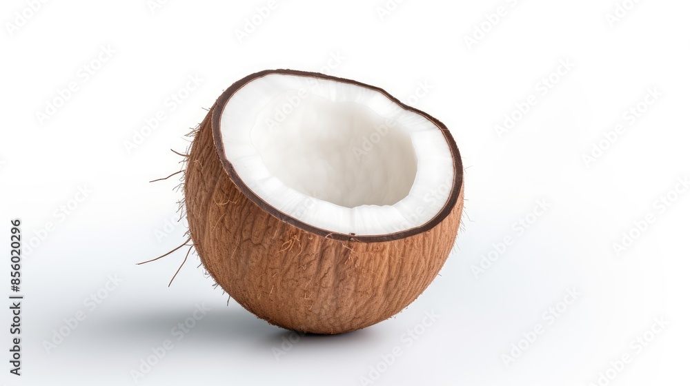 This is a photograph of a coconut. The coconut is brown and hairy, and it is cracked open in half. The inside of the coconut is white and fleshy. This is a photograph of a coconut. The coconut is brown and hairy, and it is cracked open in half. The inside of the coconut is white and fleshy.