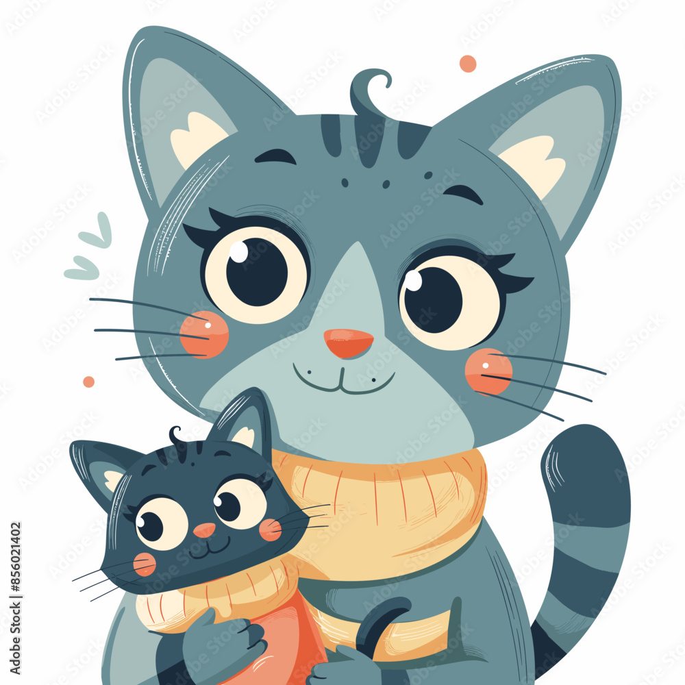 Fototapeta premium A cat is holding a kitten in its mouth. The kitten is wearing a scarf
