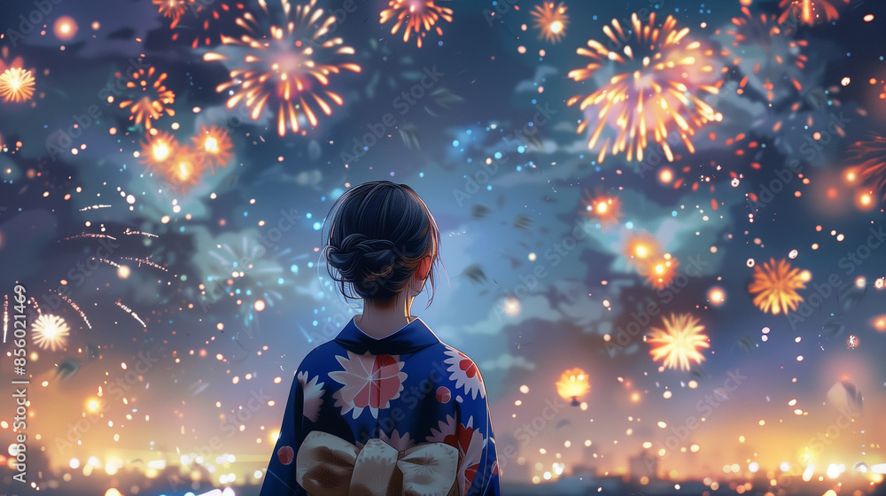 Back view of woman in yukata looking up at fireworks Back view of woman in yukata looking up at fireworks