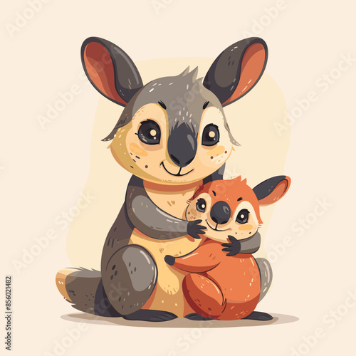 A cartoon of a mother kangaroo holding her baby kangaroo