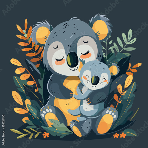 A cartoon of a mother and baby koala bear