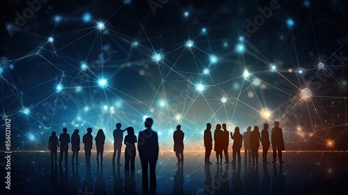 silhouetted figures connected by glowing lines on a dark blue background, concept of network or social connectivity. © neirfy
