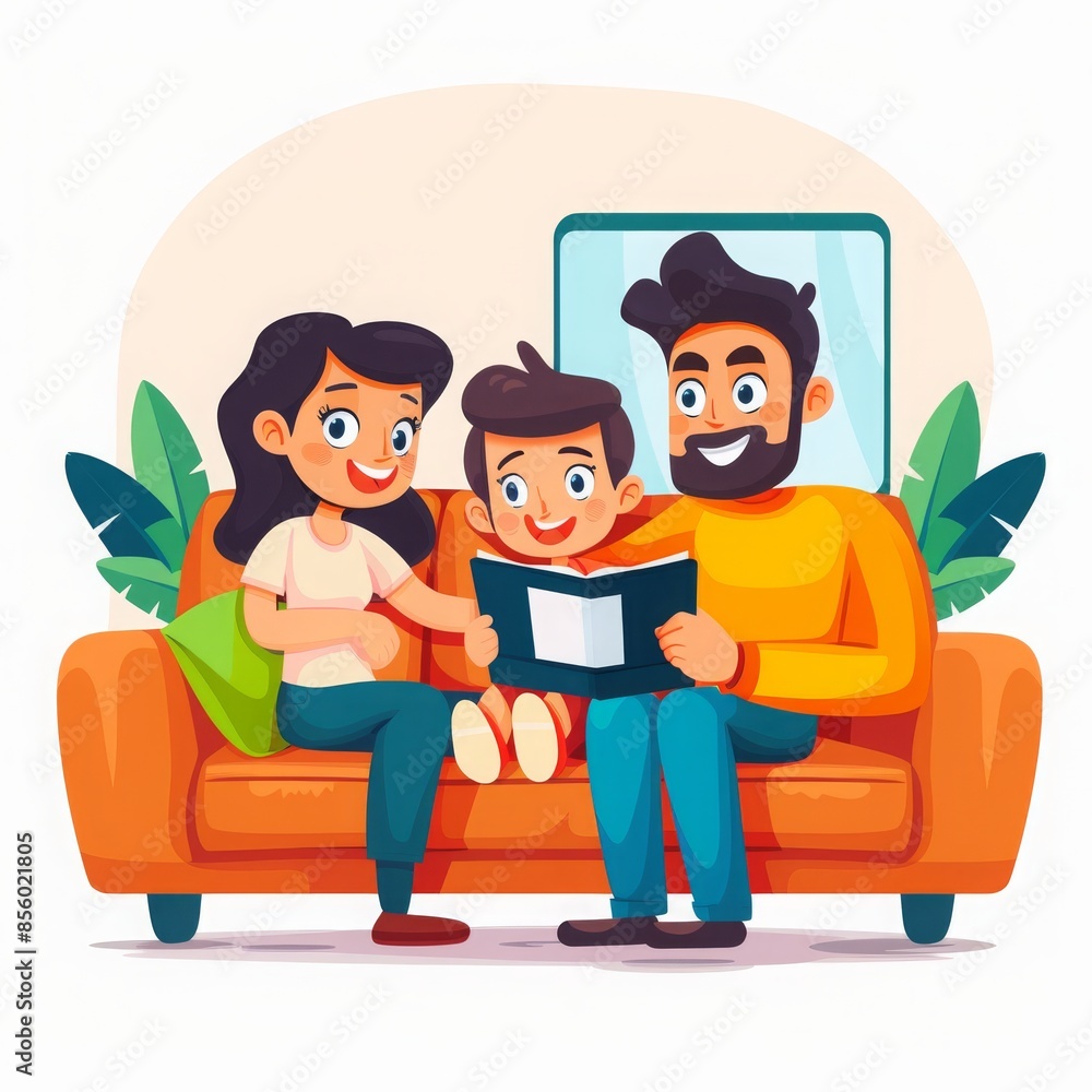 A happy family of three sits on a couch and reads a book together. A happy family of three sits on a couch and reads a book together.