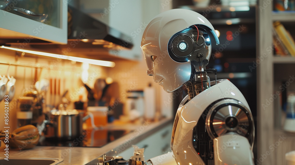 humanoid robot cooking in the kitchen, robot detail with futuristic design and precision arms, minimalist kitchen background slightly blurred, Ai generated Images humanoid robot cooking in the kitchen, robot detail with futuristic design and precision arms, minimalist kitchen background slightly blurred, Ai generated Images