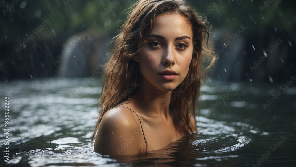 Fototapeta premium Young Woman Posing Gracefully Amidst Water's Embrace
