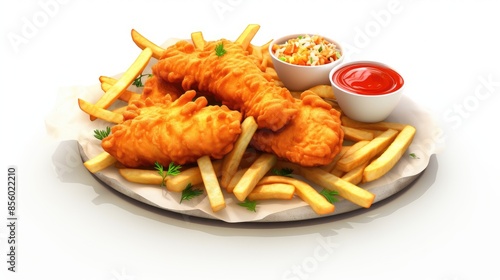 A plate of crispy golden brown fried fish and chips with a side of tartar sauce and coleslaw.