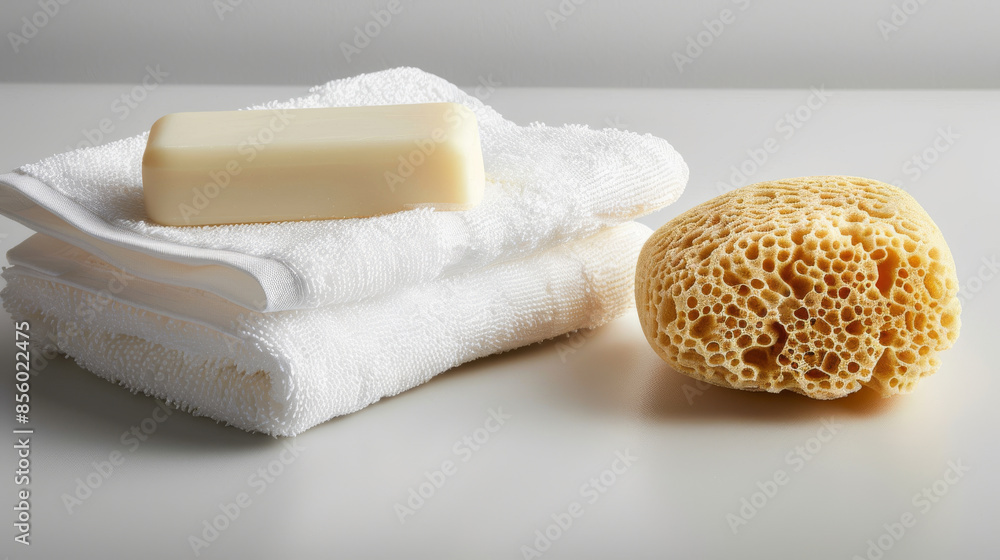 Bar soap, sponge, and towels on a clean white surface. Perfect for hygiene, spa, and bath themes. Bar soap, sponge, and towels on a clean white surface. Perfect for hygiene, spa, and bath themes.