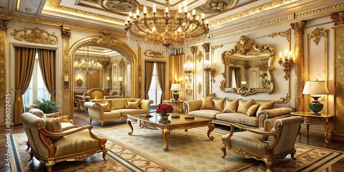 Opulent gold and luxurious lounge interior with elegant furniture and decor, luxury, upscale, opulence, grandeur photo