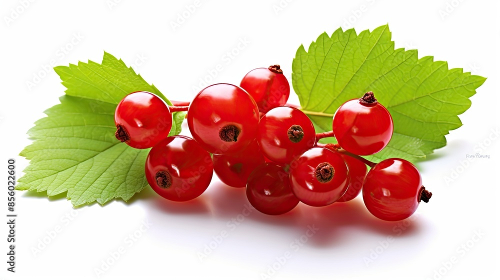 A close-up image of a cluster of red currants with green leaves on a white background. A close-up image of a cluster of red currants with green leaves on a white background.