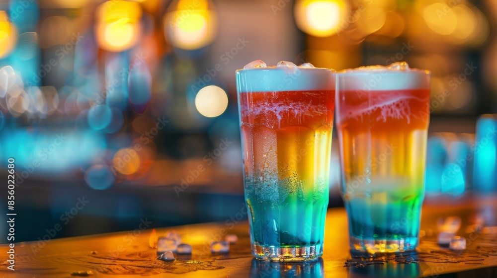 Colorful rainbow cocktails with bubbles in a tall glass on a wooden table. With a colorful bar background