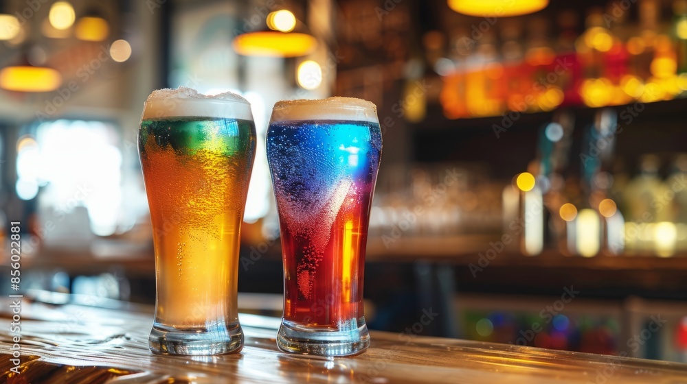 Colorful rainbow cocktails with bubbles in a tall glass on a wooden table. With a colorful bar background Colorful rainbow cocktails with bubbles in a tall glass on a wooden table. With a colorful bar background