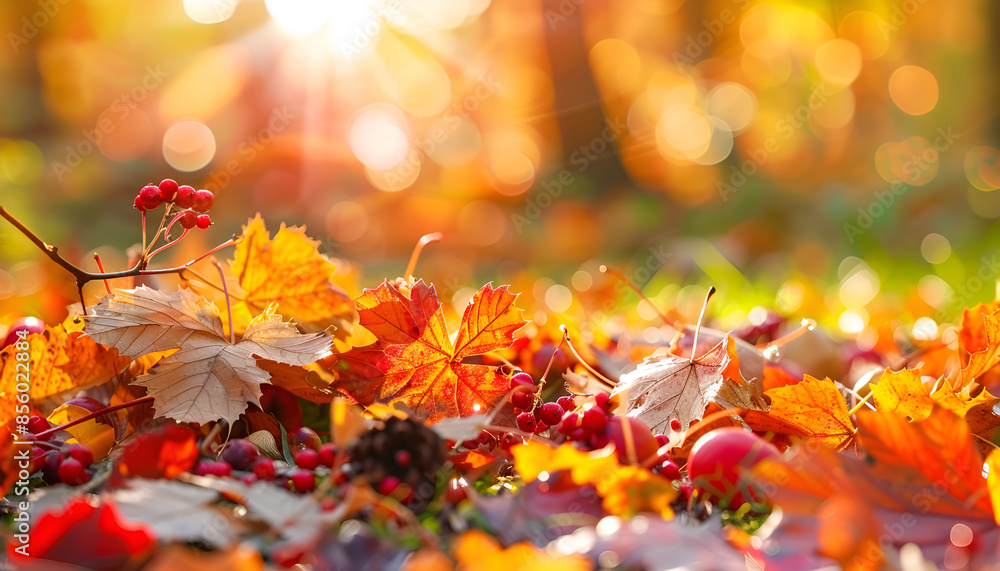 Autumn rowan leaves on beautiful nature bokeh background, sunlight day Autumn rowan leaves on beautiful nature bokeh background, sunlight day