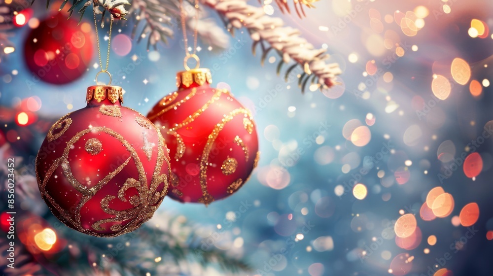 Festive Christmas Red Baubles on Tree Branch with Glittering Background, Generative AI Festive Christmas Red Baubles on Tree Branch with Glittering Background, Generative AI