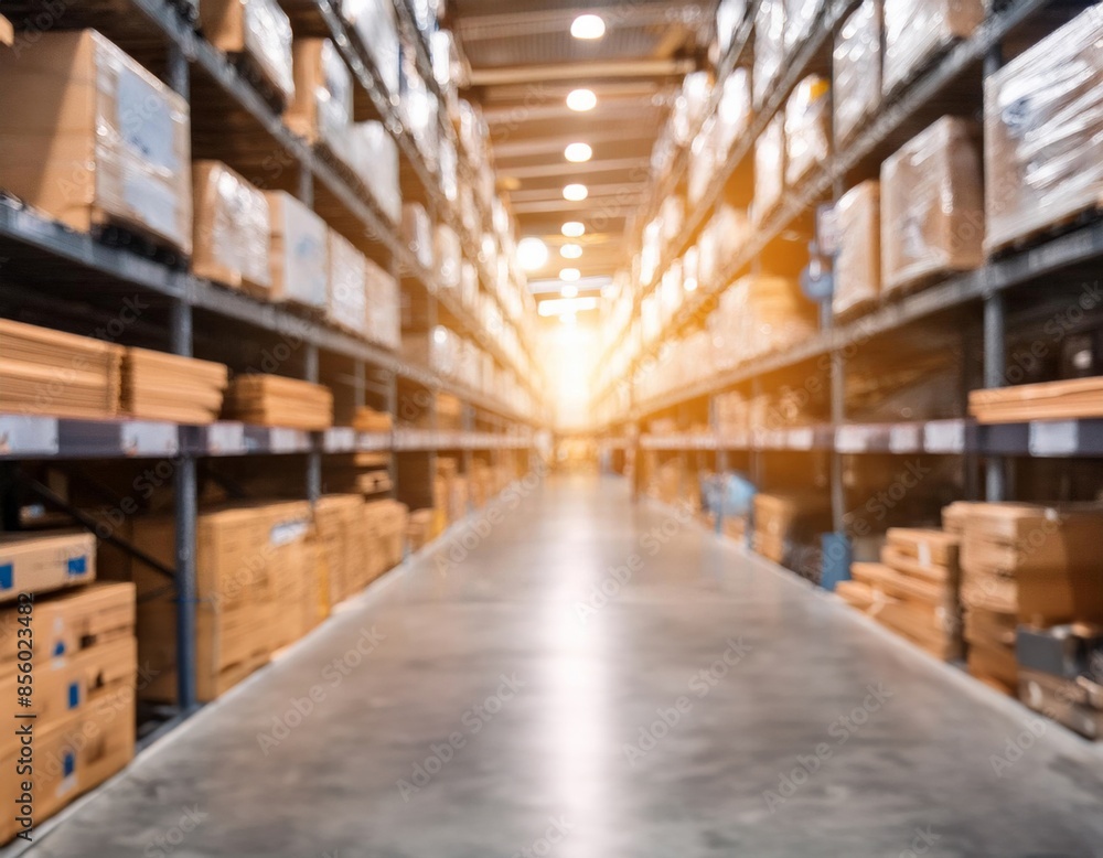 Warehouse interior with tall shelves filled with boxes and products, bathed in warm light. Warehouse interior with tall shelves filled with boxes and products, bathed in warm light.