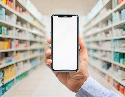 Hand holding a smartphone with a blank screen in a pharmacy aisle with shelves full of products.