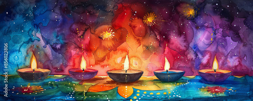 A watercolor painting of a colorful Diwali scene with diyas lit, rangoli designs on the floor, and fireworks exploding in the sky.